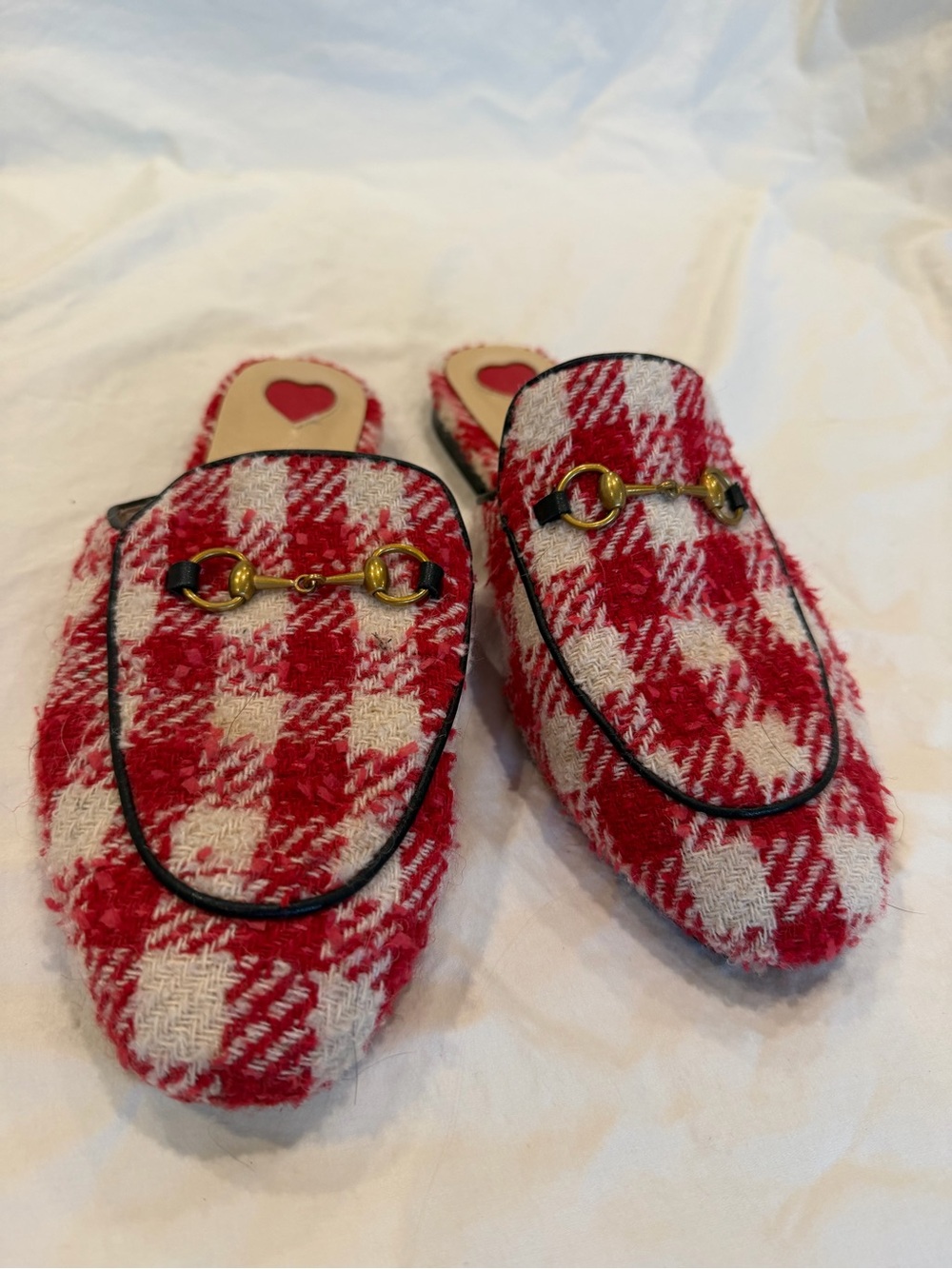 Gucci Red and White Plaid Tweed Horsebit Slip-On Mules
